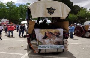 Reatas de mulas enjaezadas o vestidas con arreos o guarniciones y enganchadas a carros de época.